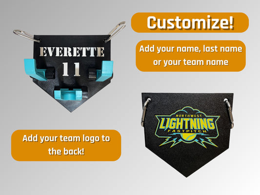 Fully customizable fence-mounted organizer for baseball/softball gear, tailored to hold gloves, helmets, and bats efficiently in one place.