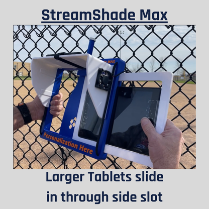 StreamShade Max - Tablet Fence Mount with Shade w/External Battery Cradle, Cooling Fan used with Chain Link Fence