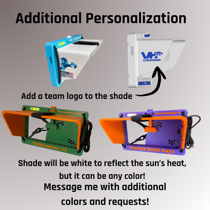 StreamShade II - Phone Fence Mount with Shade w/External Battery Cradle, Cooling Fan used with Chain Link Fence or Netting