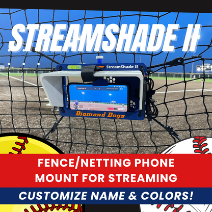 StreamShade II - Phone Fence Mount with Shade w/External Battery Cradle, Cooling Fan used with Chain Link Fence or Netting