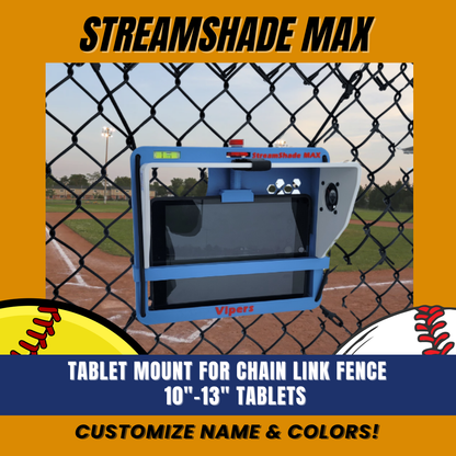 StreamShade Max - Tablet Fence Mount with Shade w/External Battery Cradle, Cooling Fan used with Chain Link Fence