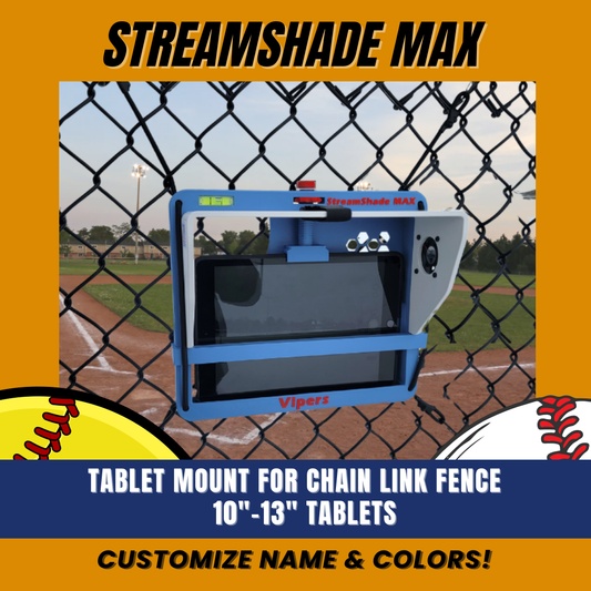 StreamShade Max - Tablet Fence Mount with Shade w/External Battery Cradle, Cooling Fan used with Chain Link Fence