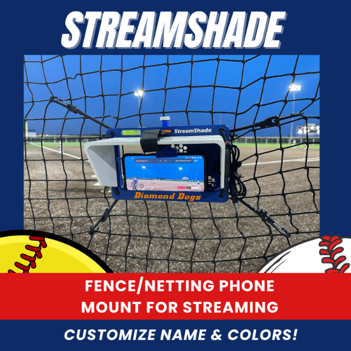 StreamShade - Phone Fence Mount with Shade w/External Battery Cradle, Cooling Fan used with Chain Link Fence or Netting