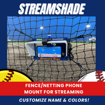 StreamShade - Phone Fence Mount with Shade w/External Battery Cradle, Cooling Fan used with Chain Link Fence or Netting