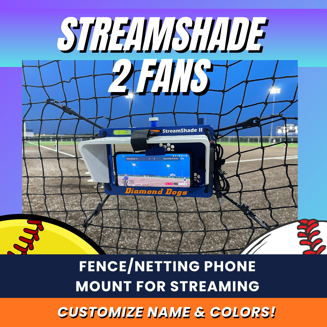 StreamShade with 2 Fans - Phone Fence Mount with Shade w/External Battery Cradle, Cooling Fan used with Chain Link Fence or Netting