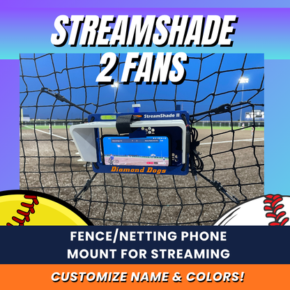StreamShade with 2 Fans - Phone Fence Mount with Shade w/External Battery Cradle, Cooling Fan used with Chain Link Fence or Netting