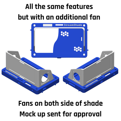 StreamShade with 2 Fans - Phone Fence Mount with Shade w/External Battery Cradle, Cooling Fan used with Chain Link Fence or Netting