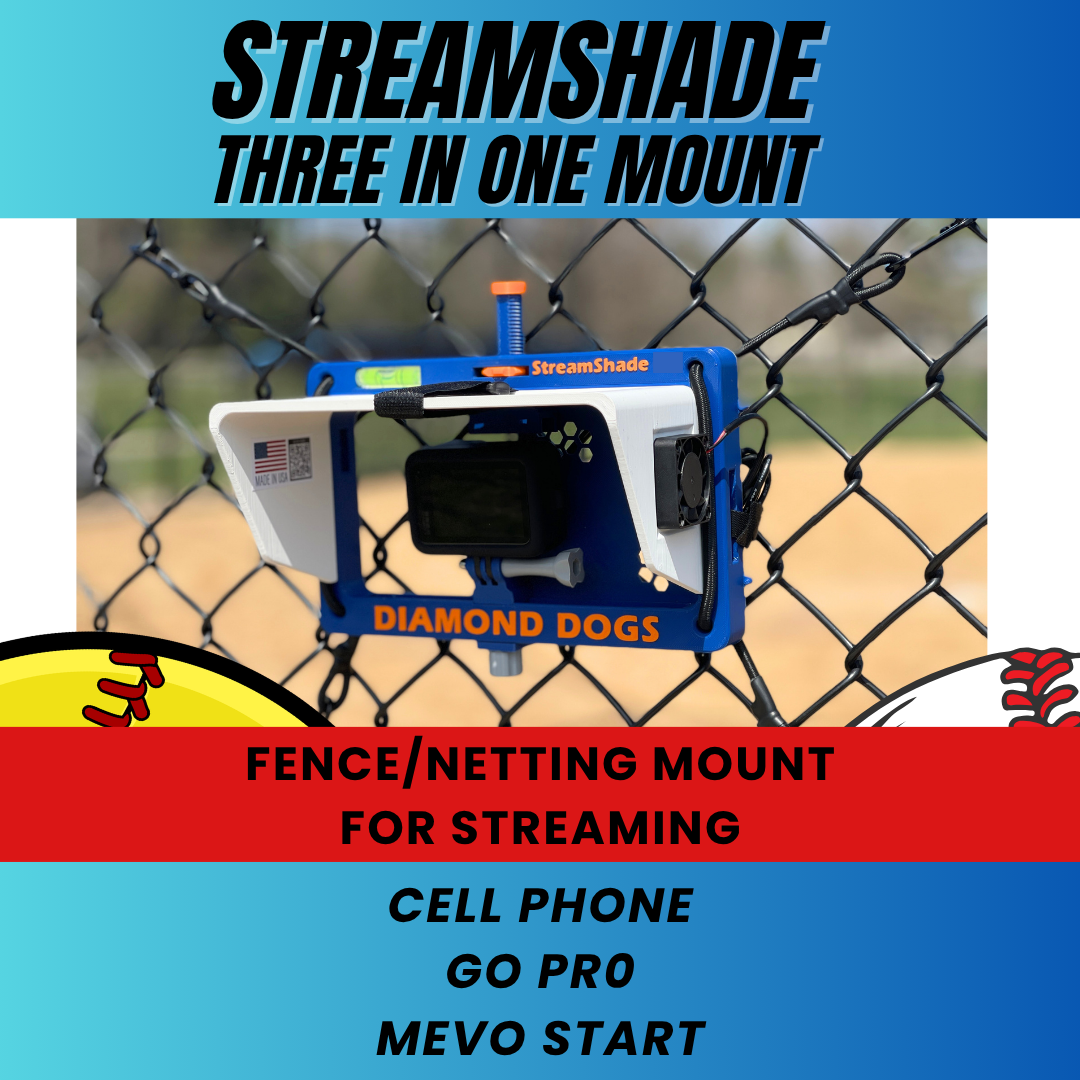 StreamShade Three in One - Phone, GoPro or Mevo Start Camera Fence Mount with Shade w/External Battery Cradle, Cooling Fan used with Chain Link Fence or Netting
