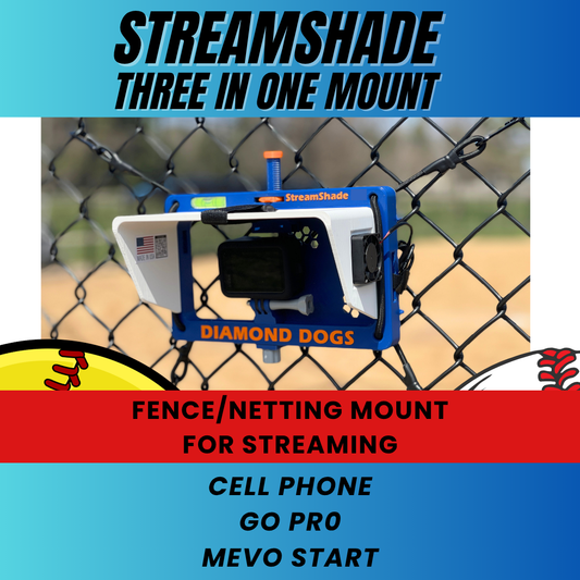 StreamShade Three in One - Phone, GoPro or Mevo Start Camera Fence Mount with Shade w/External Battery Cradle, Cooling Fan used with Chain Link Fence or Netting