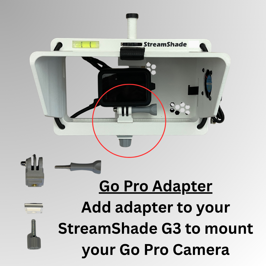 StreamShade Three in One - Phone, GoPro or Mevo Start Camera Fence Mount with Shade w/External Battery Cradle, Cooling Fan used with Chain Link Fence or Netting