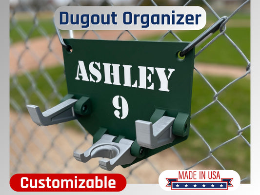 Team Order Discounted Customizable fence-mounted organizer for baseball/softball gear, to hold gloves, helmets, and bats in one place.